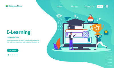 E Learning concept. Online courses for distance education with people character.  Suitable for web landing page, ui, mobile app, banner template. Vector Illustration 