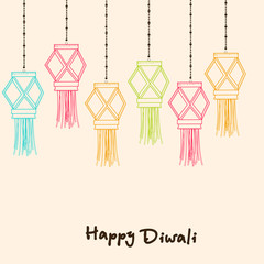 Happy Diwali celebrations with hanging lamps.