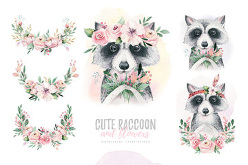 Watercolor forest cartoon isolated cute baby raccoon, animal with flowers. Nursery woodland illustration. Bohemian boho drawing for nursery poster, pattern