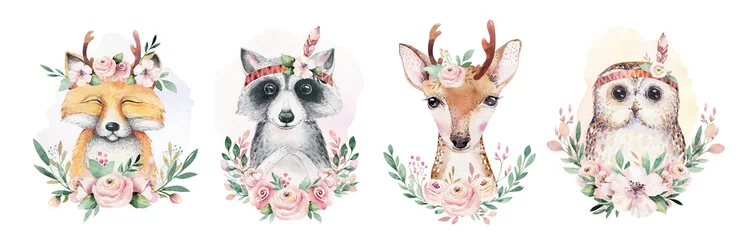 Glasschilderij Bosdieren Aquarel set bos cartoon geïsoleerde schattige baby fox, herten, wasbeer en uil dier met bloemen. Kwekerij bos illustratie. Boheemse boho-tekening voor kinderkamerposter, patroon