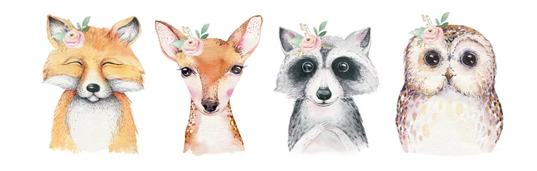 Aquarellsatz Waldkarikatur lokalisierter netter Babyfuchs, Rotwild, Waschbär und Eulentier mit Blumen. Baumschule Wald Abbildung. Böhmische Boho-Zeichnung für Kinderzimmerposter, Muster © kris_art