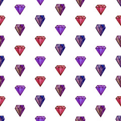 Watercolor seamless pattern of jewelry stones. Pattern for printing on wrapping paper, textile, fabric. Glamour illustration of multi color brilliants and sapphires