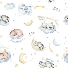 Cute dreaming cartoon animal hand drawn watercolor seamless pattern. Sleeping charecher kids nursery wear fashion design, baby shower invitation