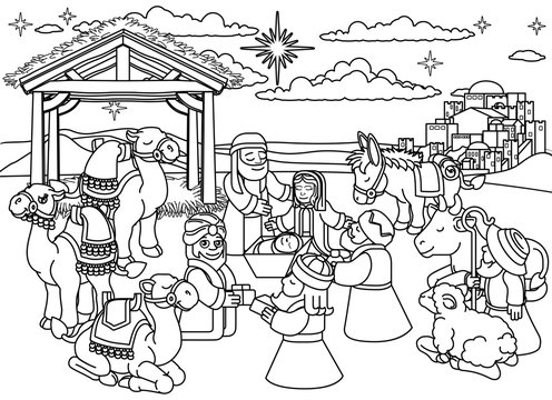 A Christmas nativity coloring scene cartoon, baby Jesus, Mary and Joseph in manger. Three wise men, shepherd donkey other animals and the City of Bethlehem and star. Christian religious illustration.