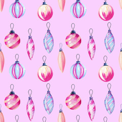 Seamless pattern of watercolor Christmas decorations, hand drawn on a pink background