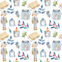 Seamless pattern of watercolor Christmas decorations and plants in scandinavian style, hand drawn on a white background