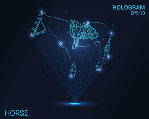 Hologram horse. Holographic projection of the horse. Flickering energy flux of particles. Scientific design horse riding.