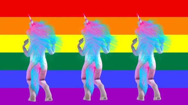 Seamless funny animation of go go dancer unicorns dancing samba with a rainbow background. Gay pride backdrop.