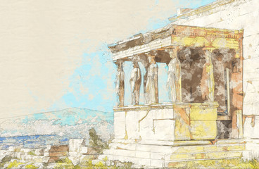 Sketch of ruins of ancient temple on Acropolis hill, Athens