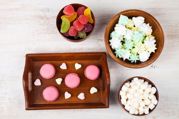 Strawberry macarons, marmalade,meringues and marshmallows