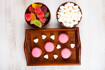 Strawberry macarons, marmalade,meringues and marshmallows