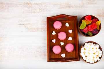 Strawberry macarons, marmalade,meringues and marshmallows