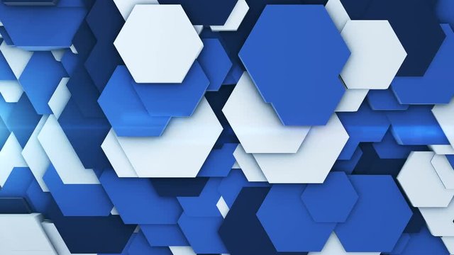 3d render abstract colorful many technical geometric hexagons as a wave white and blue background. lights ray shine glow beam