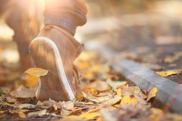 Autumn Park man walking along a path foliage