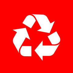 recycle symbol white isolated on red background, white ecology icon on red, white arrow shape for recycle icon garbage waste, recycle symbol for ecological conservation