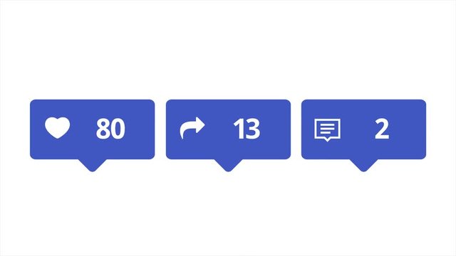 Comments, likes, follower counter increasing quickly, animation with user interface, social networks concept. Animation. Blue counting icons for social media on white background.