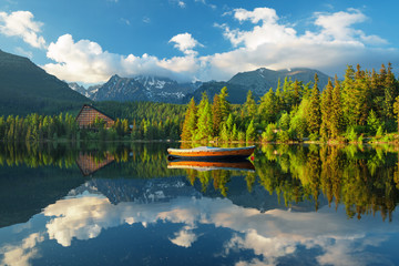 Mountain lake Strbske pleso in National Park High Tatras at sunset, Slovakia, Europe
