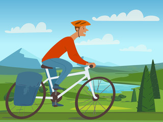 Vector travel illustration with nature and a tourist character riding a bike