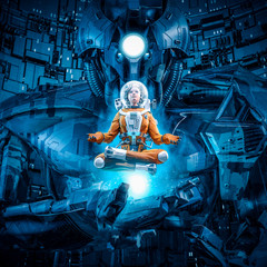 Daughter of the giant / 3D illustration of female astronaut in lotus pose levitating over hand of huge alien robot © grandeduc