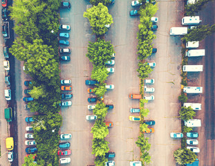 Aerial view of a car park and street