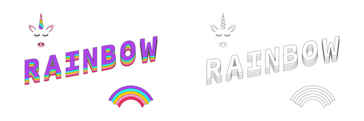 Rainbow Coloring. Rainbow color with Unicorn and text Rainbow. Lines design
