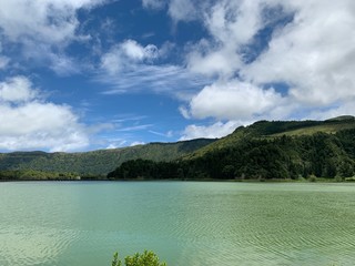 landscape with lake and clouds on São Miguel island, Azores, Portugal near Sete Cidades