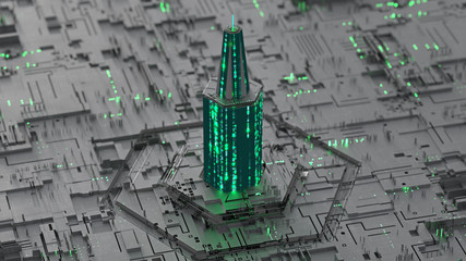 Tower made of glowing digital HEX code 3D rendering illustration