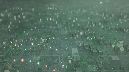 Array of cubes and digital computer code 3D render illustration with DOF