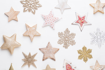 Christmas composition. Christmas decorations on white background. Flat lay, top view.