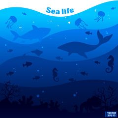 Underwater sea. Deep blue marine life. Ocean wildlife.