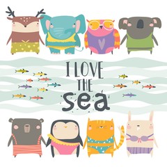 Set of cute animals wearing swimsuit on white background