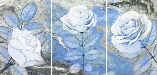 Sammlung von Designer-Ölgemälden. Dekoration für den Innenraum. Moderne abstrakte Kunst auf Leinwand. Reihe von Bildern mit unterschiedlichen Texturen und Farben. Weiße Rose. © Erenai