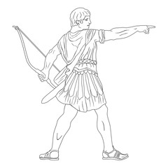 Ancient Roman warrior with a bow in his hand makes a pointing gesture with his finger. Vector drawing isolated on white background.