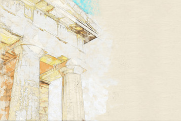 Watercolor sketch of ruins ancient temple on Acropolis hill, Athens, Greece, Europe