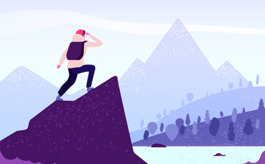 Fototapeta Man in mountain adventure. Climber standing with backpack on rock looks to mountain landscape. Tourism nature journey vector concept. Adventure mountain, mountaineering tourism, trekking illustration obraz