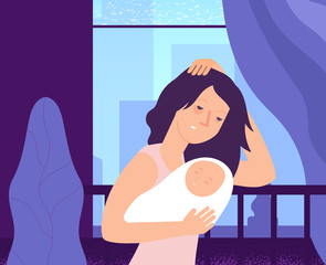 Depressed woman and newborn. Sleepy tired young mom holding crying baby at crib, female in anxiety mood. Motherhood vector concept. Illustration of motherhood frustration, postpartum period
