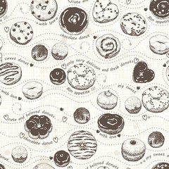 Seamless pattern of hand-drawn set glazed donuts on old texture paper, vector illustration.