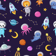 Space animals pattern. Cute baby animal astronauts flying kid pets cosmonauts funny spaceman boy seamless cosmos vector wallpaper. Illustration of astronaut spaceship, octopus and panda in space suit