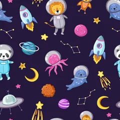 Wallpaper murals Cosmos Space animals pattern. Cute baby animal astronauts flying kid pets cosmonauts funny spaceman boy seamless cosmos vector wallpaper. Illustration of astronaut spaceship, octopus and panda in space suit