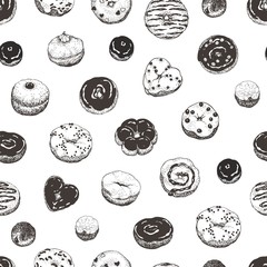 Seamless pattern of hand-drawn set glazed donuts on white background, vector illustration.
