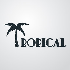 Logotipo abstracto con texto TROPICAL con palmera en fondo gris