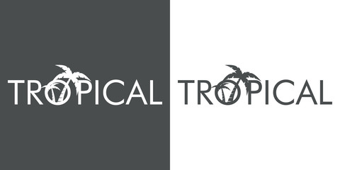 Logotipo abstracto con texto TROPICAL con palmeras en gris y blanco