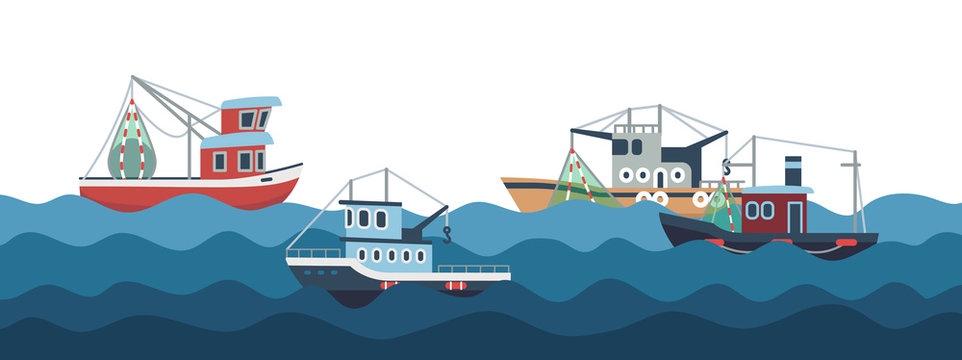 Sail and fishing boats in ocean waves vector illustration. Fishing boat and nautical transport, fish industry