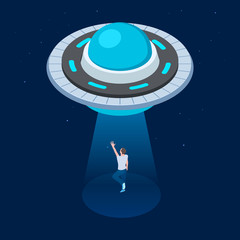 Vector aliens abduct man. UFO flying spaceship isometric design. UFO kidnaps man vector illustration. Kidnapping alien, space imagine sci-fi, flying ufo © MicroOne
