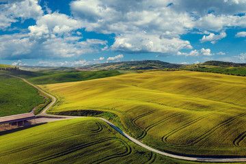 Beautiful aerial view of Tuscany Hills, Italy in spring.