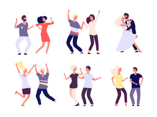 Dancing couples. Happy persons dance salsa, tango adult woman man dancers in love. Party crowd fun isolated vector cartoon characters. Party couple dance, dancer performance, disco people illustration