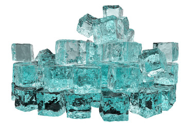 Pile of many blue ice cubes isolated on a white table