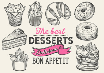 Dessert illustration - cake, donut, croissant, cupcake, muffin for bakery