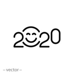 date 2020 year with smile face icon, linear sign isolated on white background - editable vector illustration eps10