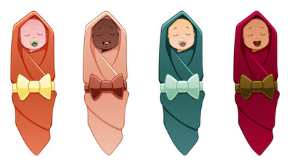 Four babies of different nationalities are in swaddling-clothes on a white background in the vector. Every child has a swaddle of his own color.